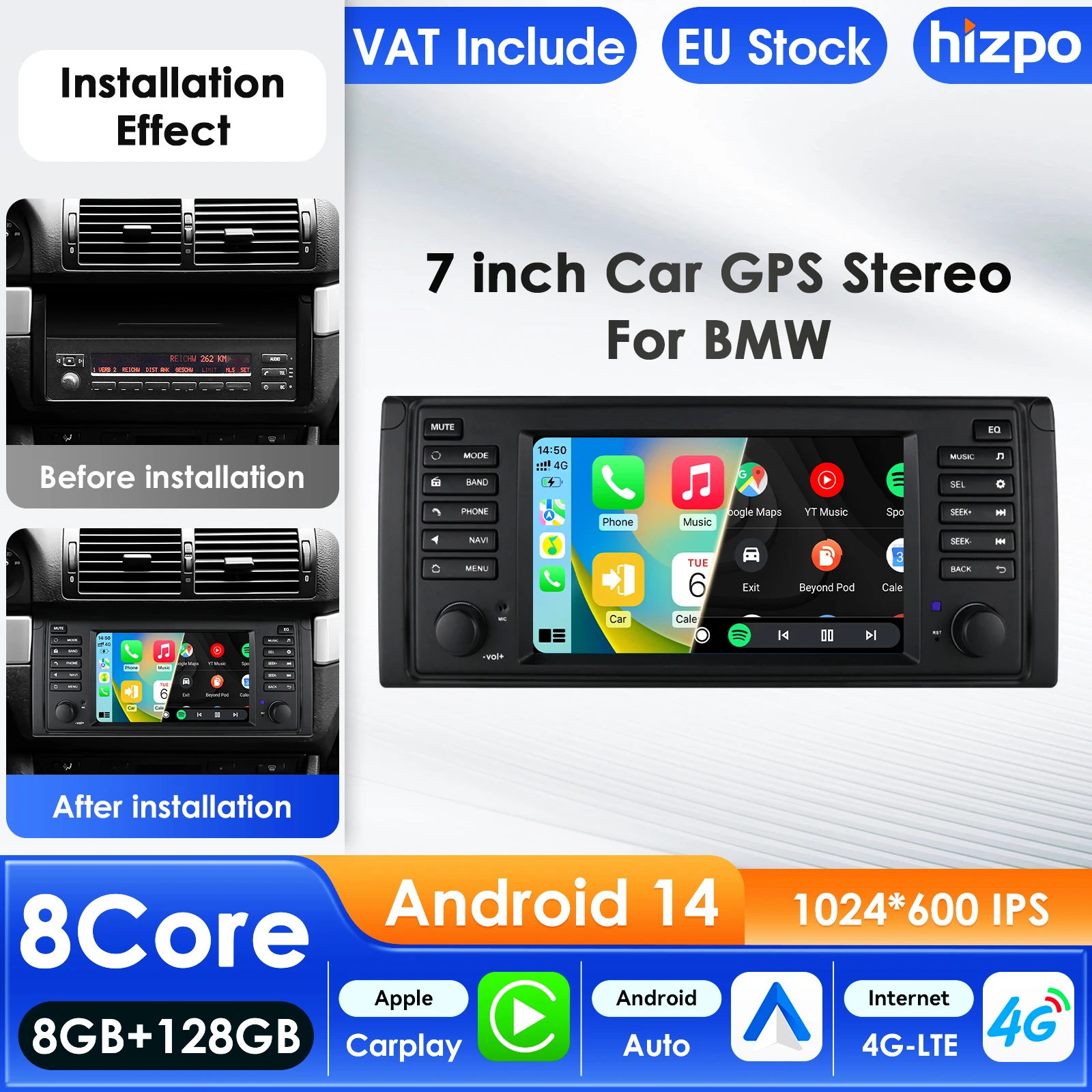 Hizpo 7'' Autoradio für BMW 5er E39 X5 E53 M5 Multimedia-Player CarPlay Android Auto GPS WiFi 4G FM RDS AI Sprachsteuerung Autoradio