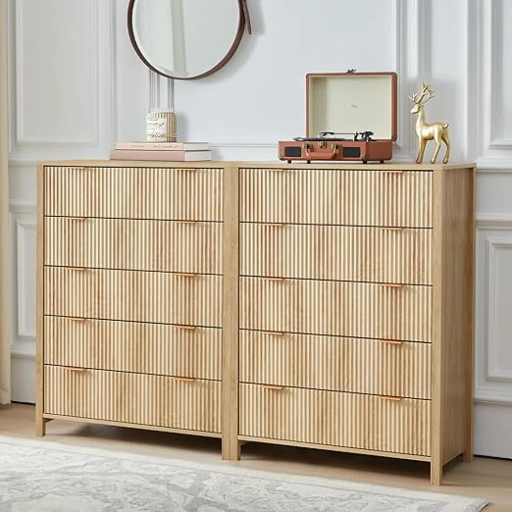 5 Drawer Double Dresser for Bedroom, Modern Wide Chest of Drawers with Fluted Panel Design,Wood Storage Dressers Chest