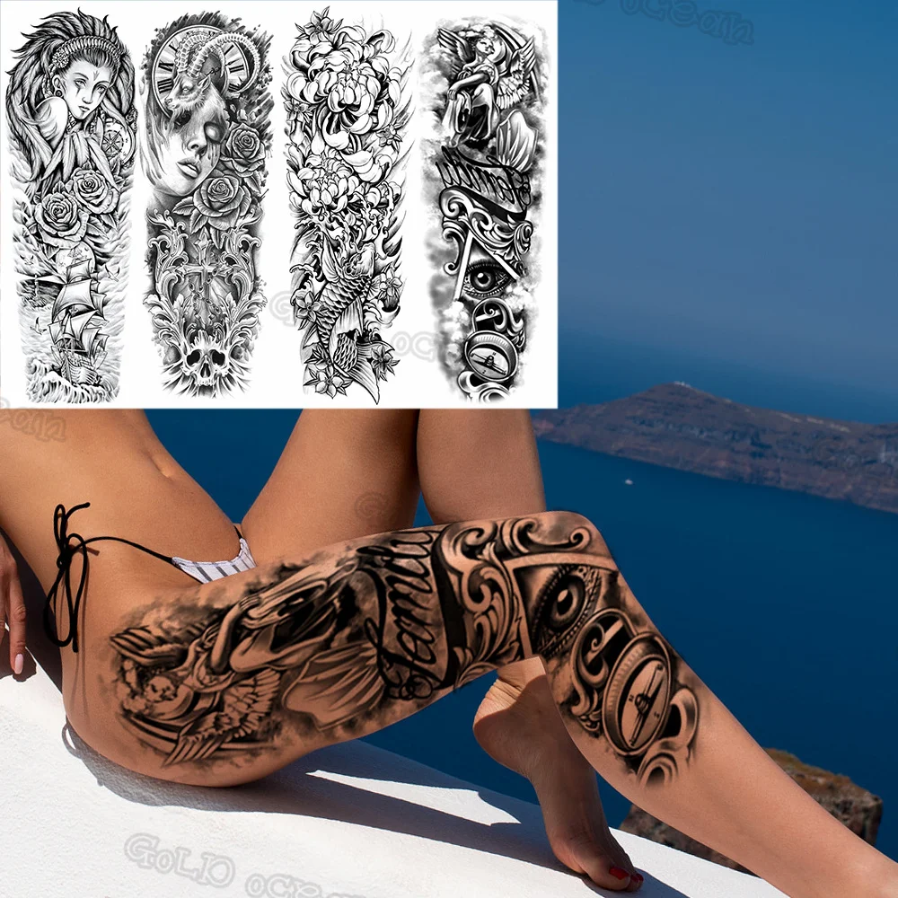 3D Realistic Angel Compass Temporary Sleeve Tattoos For Men Women Adult Rose Flower Tribe False Tattoo Long Size Body Art Tatoos