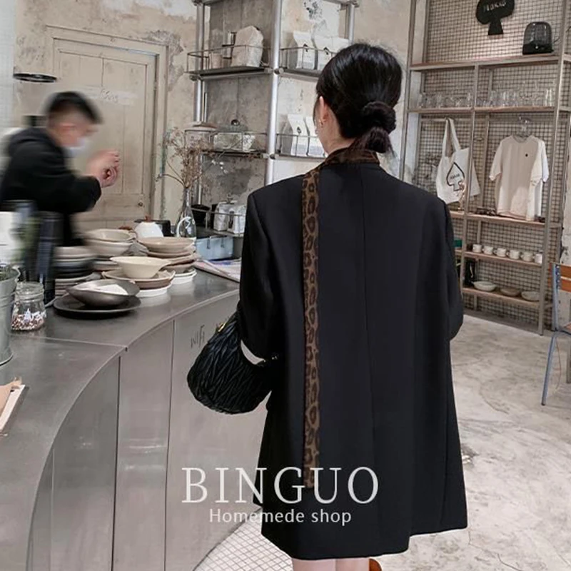 Luipaardprint Tie Neck Blazer Dames Zwart Los Casual Patchwork Jas Lange Mouw Koreaanse Single Breasted Office Lady Jas