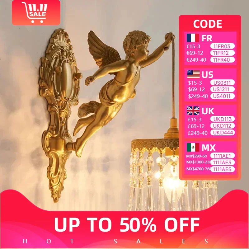 

French Vintage Style Copper Angel Hanging Flower Crystal Art Wall Lamp Palace Corridor Entrance Porch Balcony Bedside Led Lights