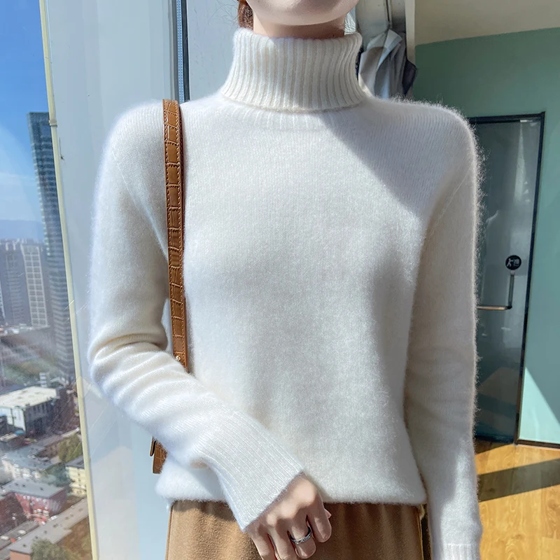 Autumn and winter new women\'s high lapels 100% pure wool long sleeve thick sweater loose classic knitted cashmere sweater.