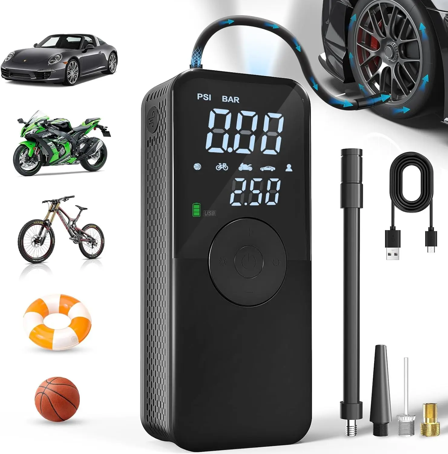 

Портативный воздушный компрессор для шин, автомобильный воздушный насос для автомобильных шин, портативный воздушный компрессор для шин 150psi для автомобиля, мотоцикла, велосипеда