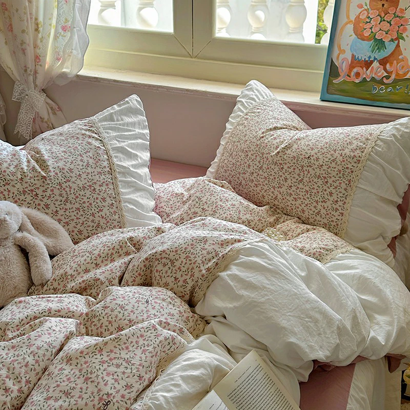 

3/4Pcs Korean Style Princess Floral Lace Soft Skin-friendly Washed Cotton Bedding Set Duvet Cover With Bed Sheet Pillowcases