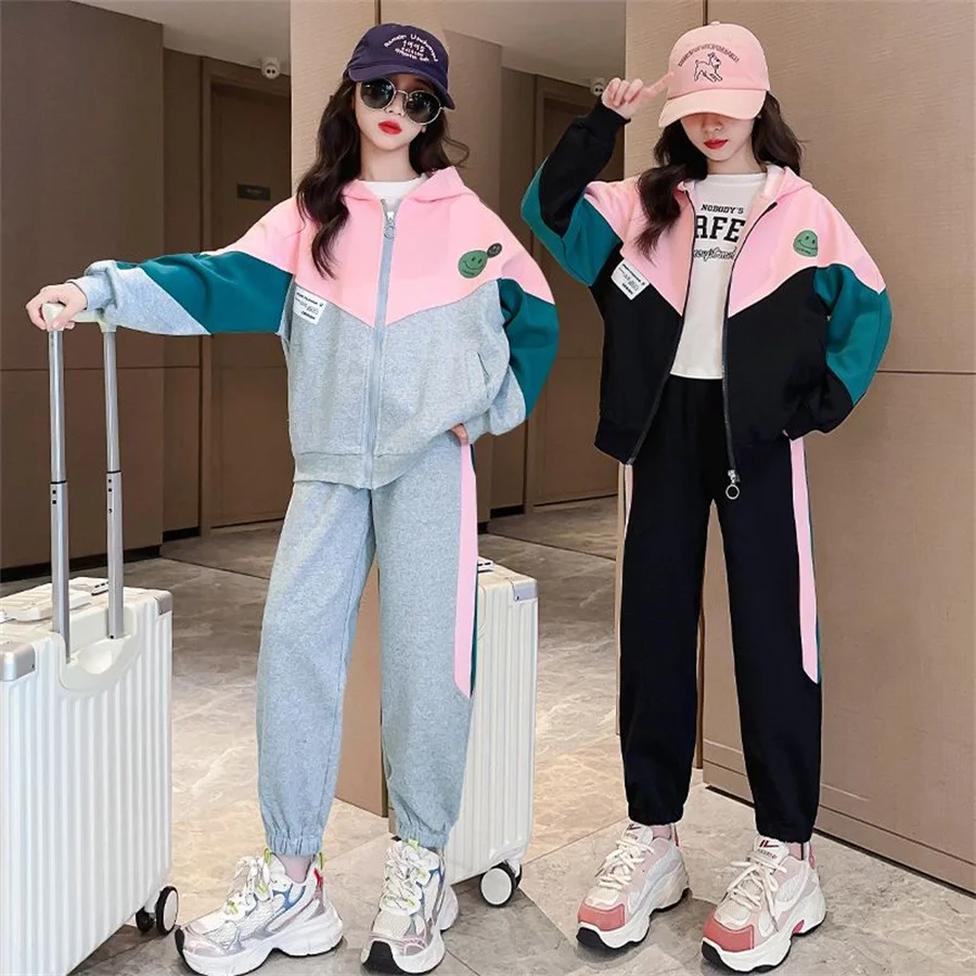 New Spring Autumn Teen Girls Clothing Sets Fashion Zipper Sweatshirt + Pants 2Pcs Outfits Kids Tracksuit 4 6 8 10 12 Years