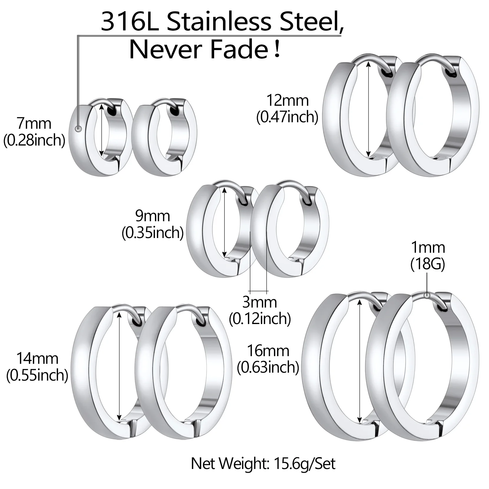 U7 Stainless Steel 5 Pairs/set Round Hoop Earring Sets for Man Woman 5 Size 8/10/12/14/16mm Huggie Earrings Unisex Jewelry Set