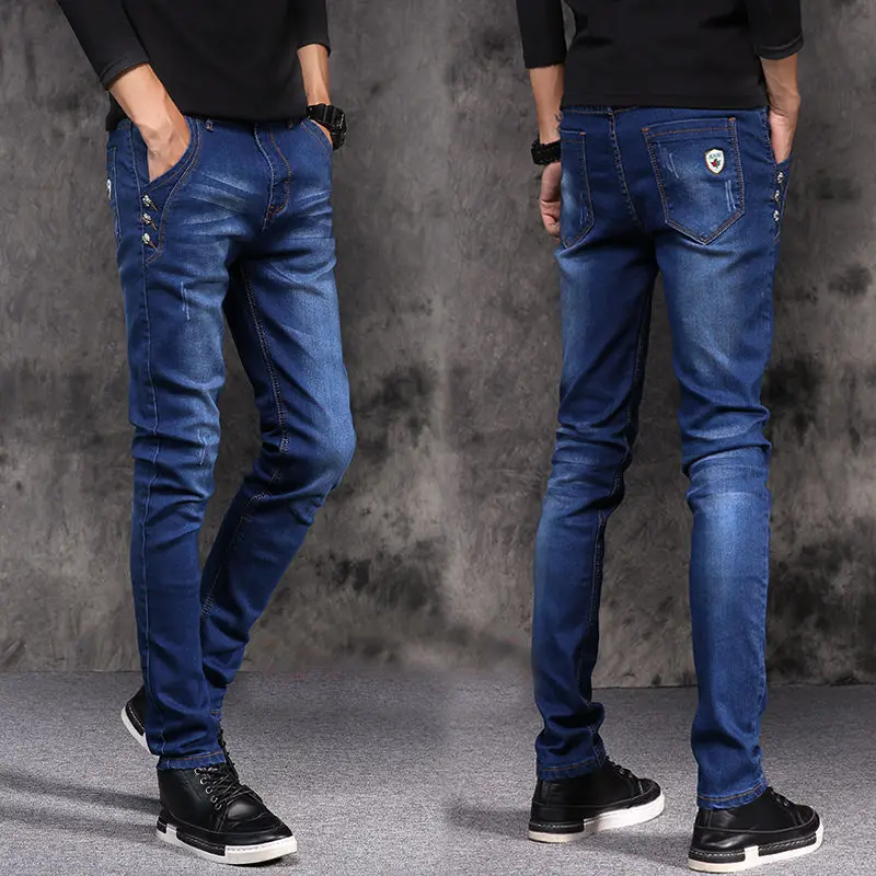 MÙA THU ĐÔNG Chải Da Bò Sang Trọng Mỏng Thiết Kế Quần Áo Nam Phong Cách Hàn Quốc Denim Skinny Sang Trọng Màu Xám Quần Jean Quần Tây Nam