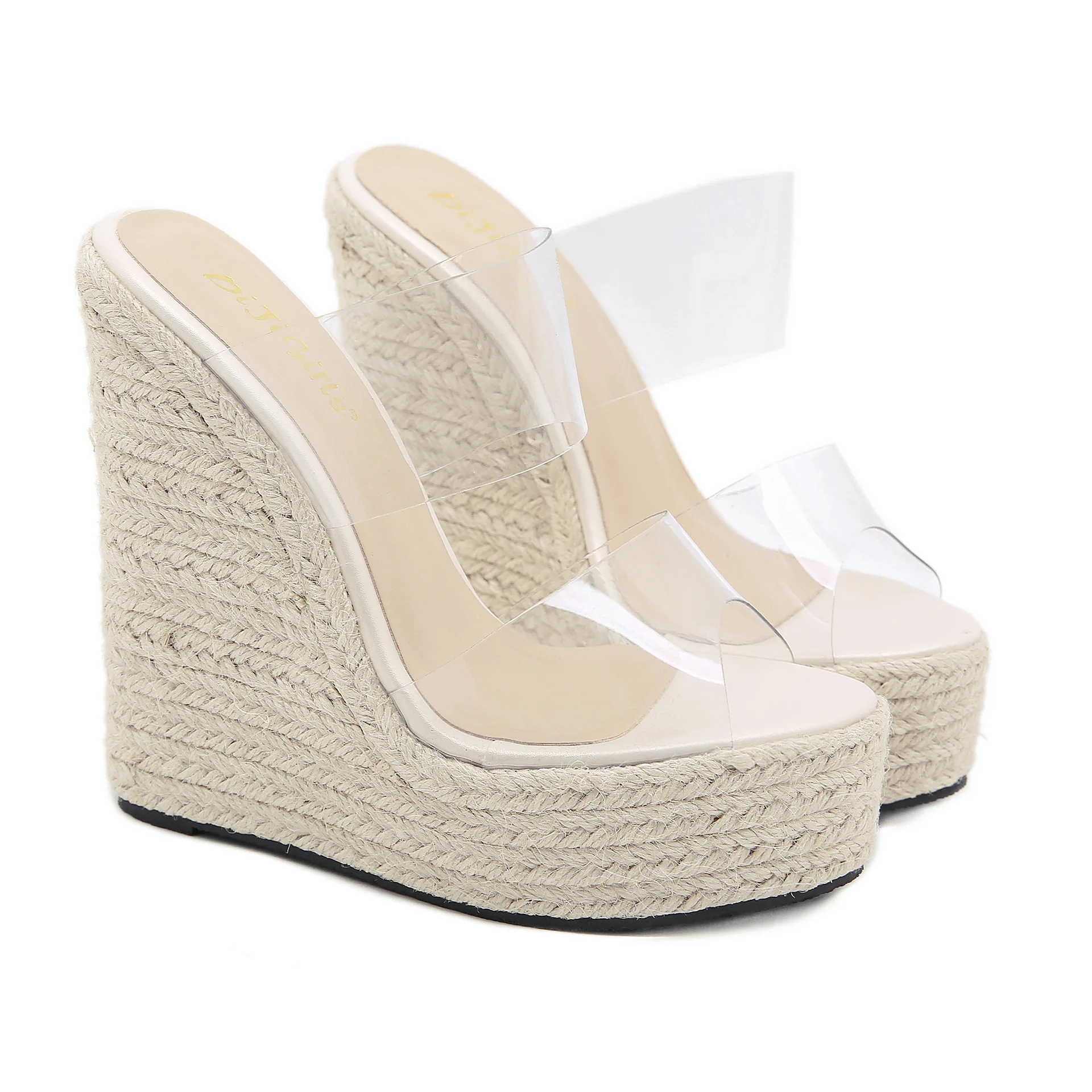 Summer PVC Transparent Peep Toe Cane Straw Weave Slippers Platform Wedges Sandals Women Fashion High Heels Female Shoes