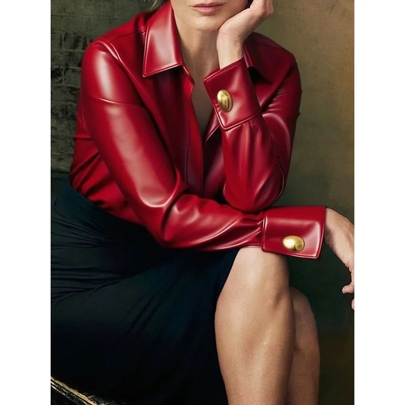 

Retro Stylish Red Pu Shirts for Women 2026 New French Leather Turn Down Collar Long Sleeve Gold Button Commuting Blouses 188767