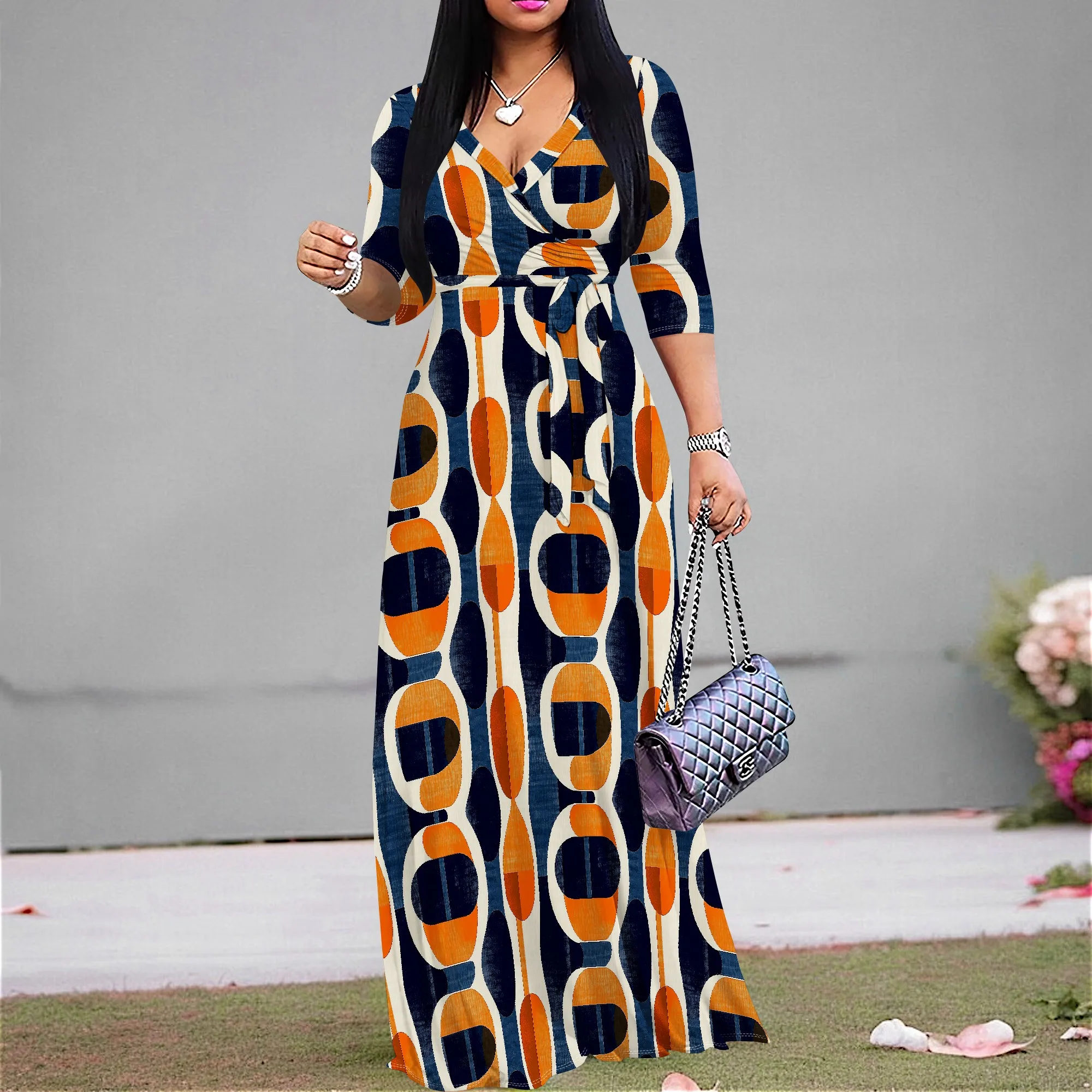 

Orange Navy Geometric V-Neck Dress S-3XL, Vintage Belted Style for Art Markets or Fall Fashion Looks