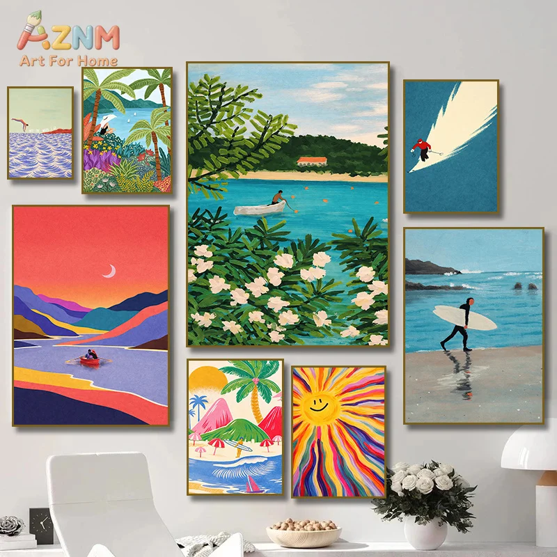 AZNM Fresh Lakeside Boat Floral Scenery Canvas Wall Art Green Plant White Flower Blue Water Landscape Print Unframed Canvas Pain
