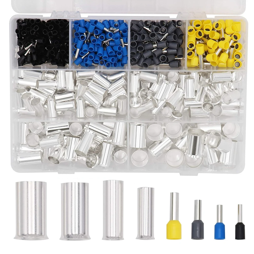 

440pcs 2/0 1/0 2 4 10 12 14 16AWG Copper Wire Ferrules Assortment Kit Silver Plating Ferrule Crimp Terminal Connector Sleeves