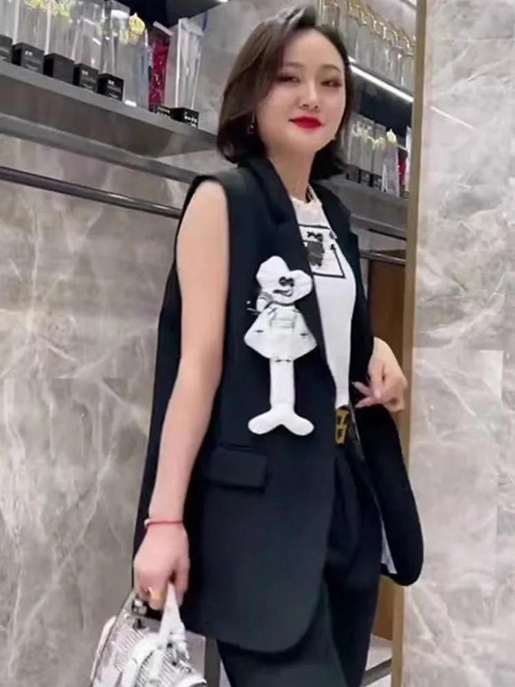 Fashion Office Ladies White Suit Vest Top Single Breasted Kawaii Cartoon Summer Waistcoat Women Casual Streetwear Black Vests