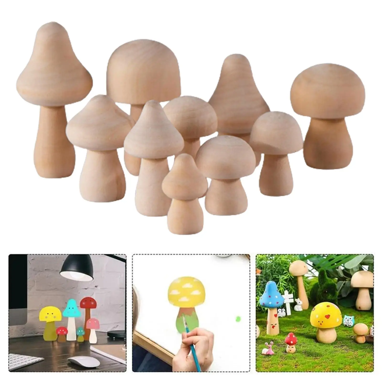 10Pcs Unfinished Mushroom Wooden Plain Art Crafts Peg Dolls Toys for Kids DIY Ornaments