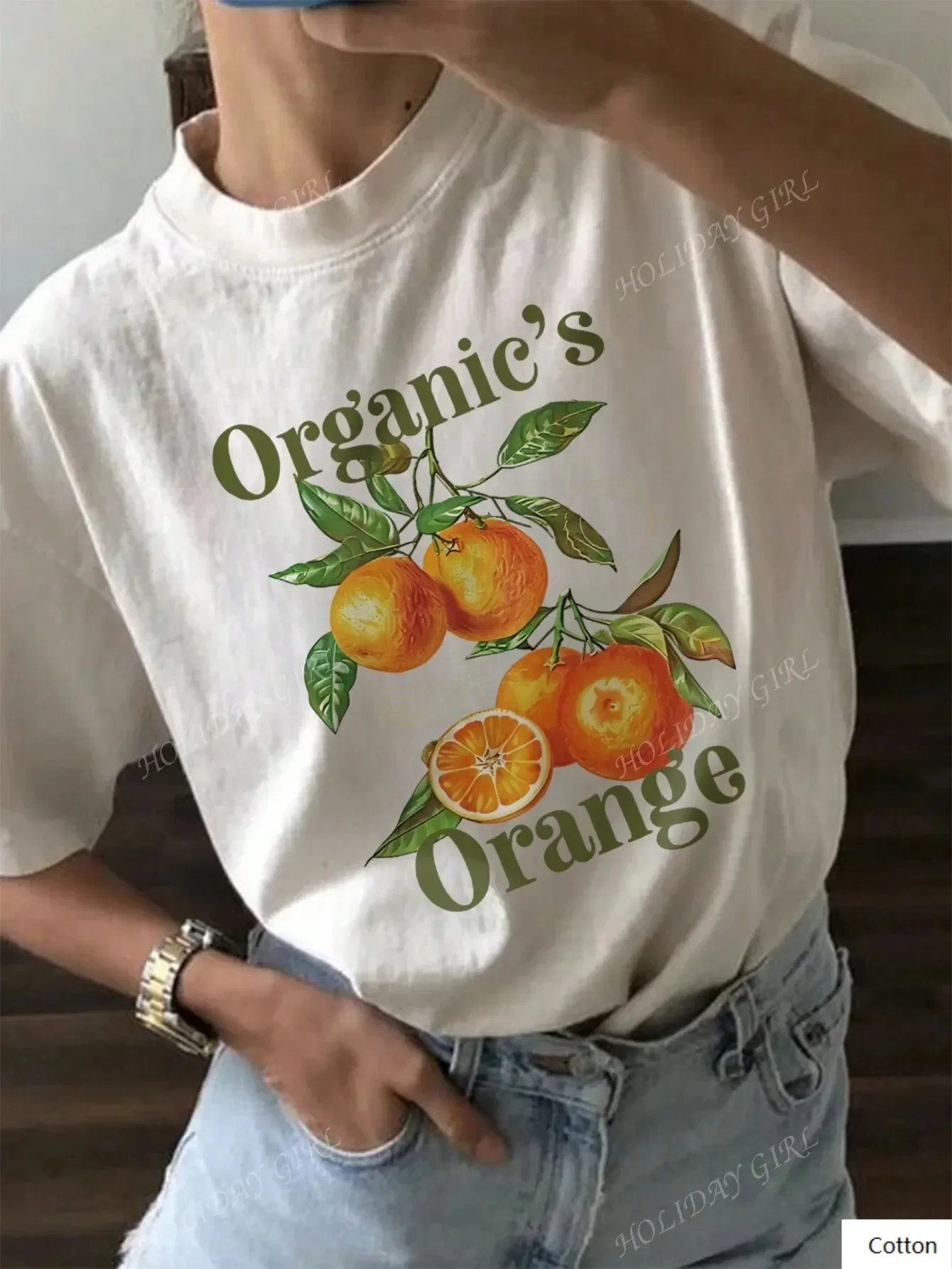 تي شيرت من القطن الناعم يتميز بتصميم برتقالي عضوي مع رسم فواكه فريد من نوعه مريح للمتعة الكاجوال والخارجية #1