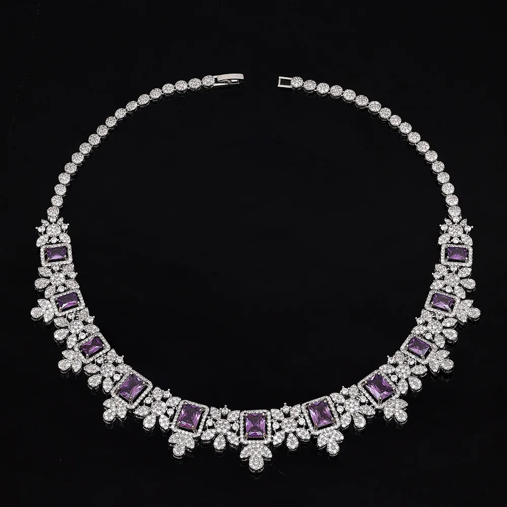 New Women Bridal Wedding 4Pcs Jewelry Set Micro Inlaid Purple Zircon Luxury Evening Banquet Dress Ornaments Christmas Gifts