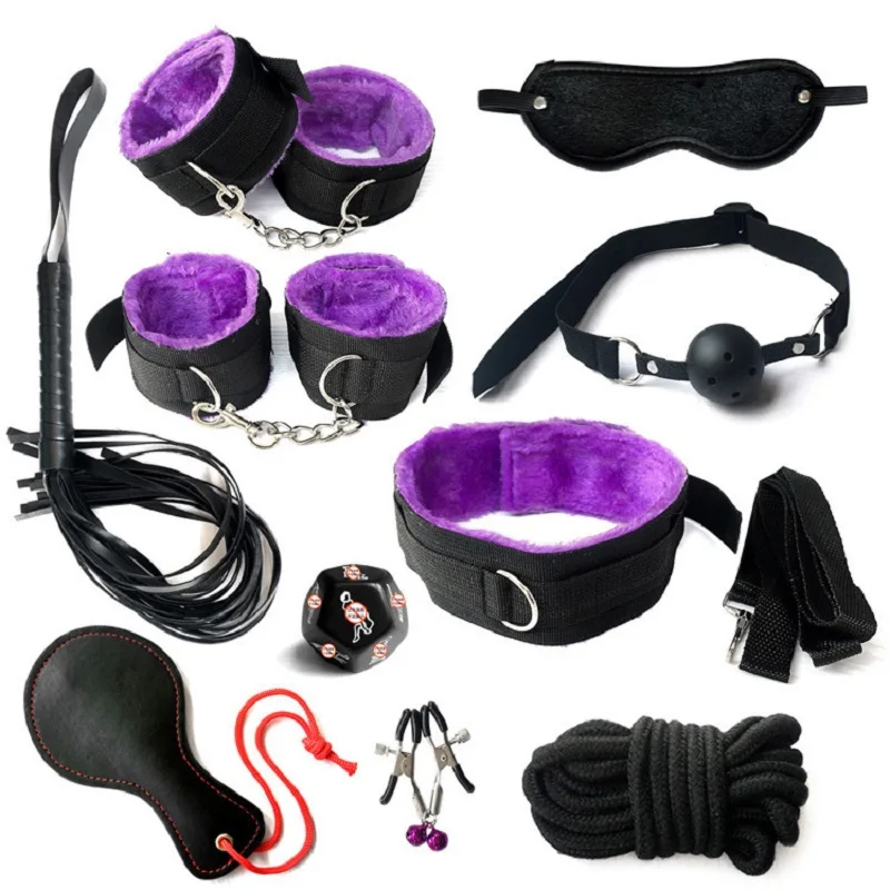10PC BDSM Bed Restraints Sex Toy Kits Handcuffs 18+ Adult Sex Game Sexy Suit Nipple Clipper Mouth Gag Whip Sex Feather Soft SM 