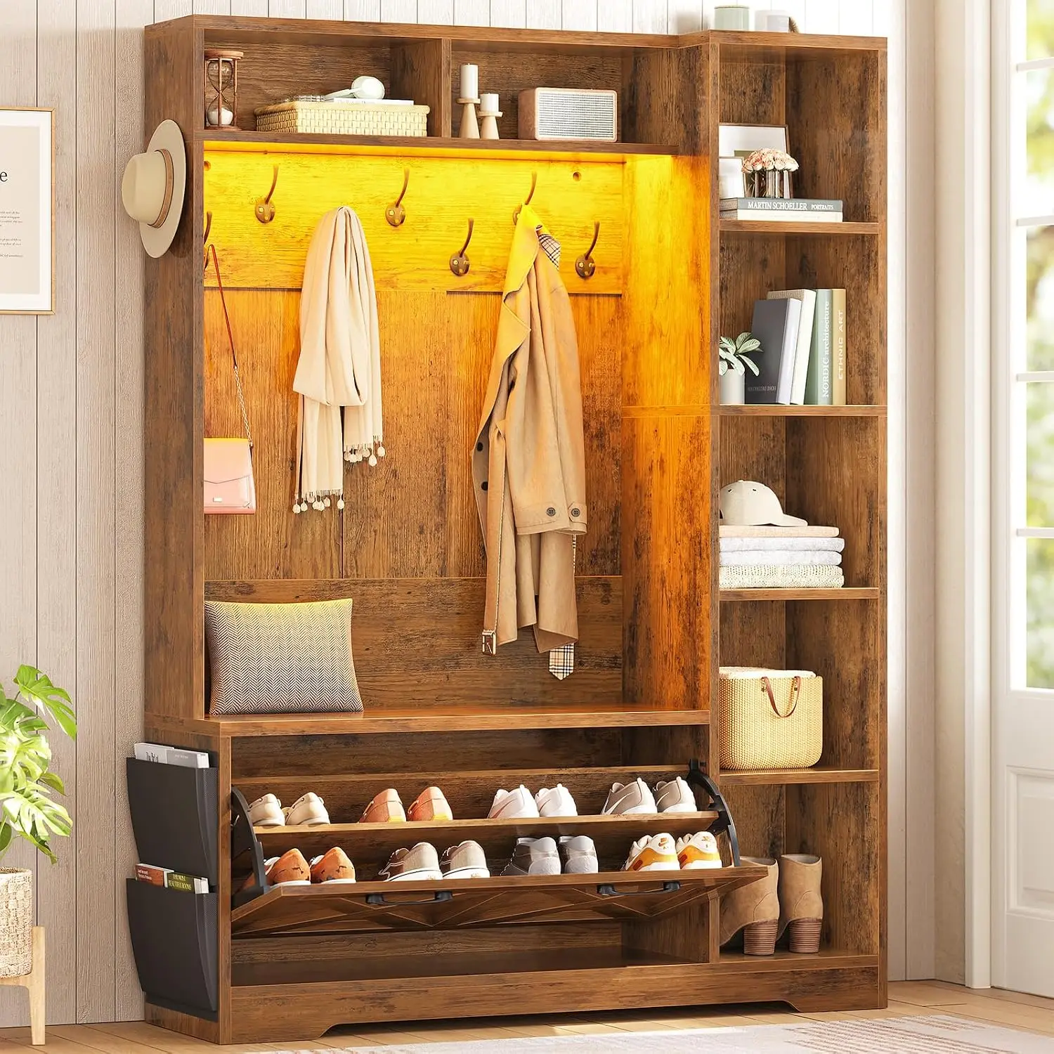 Hall Tree Bench & Shoe Storage, Entryway Coat Rack with Flip Drawers, 7 Shelves, 10 Hooks, LED Lights, Rustic Brown, Customized