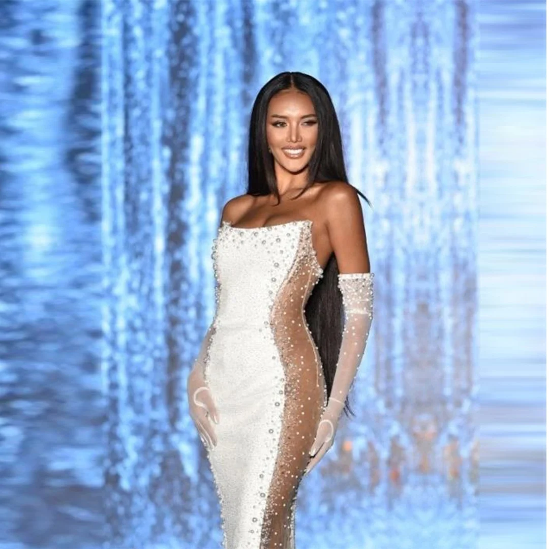 Feminino novo elegante vestido de bandagem sem alças pérolas cravejado tule retalhos na altura do joelho elástico celebridade noite clube vestido de festa