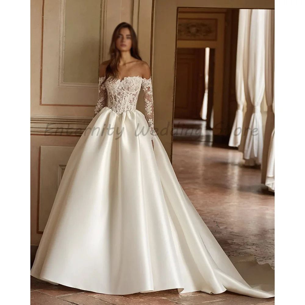 Off‑the‑Shoulder Lace Satin Wedding Dress Detachable Long Lace Sleeves Sweetheart Corset Ball Gown Bridal Dress With Train