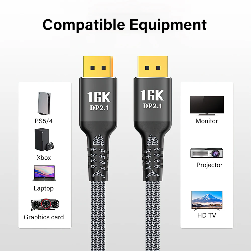 DisplayPort 2.1 Cable 16K@60Hz 8K@120Hz 4K@240Hz 80Gbps DisplayPort to DisplayPort Cable for HDTV Projector Cable 1M 2M 3M 5M