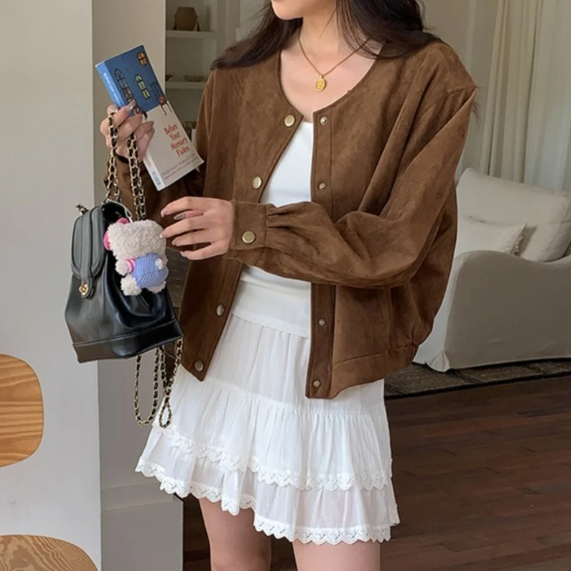 

Vintage Suede Round Neck Loose Short Coat Women's Autumn Winter New Street Women's Tops