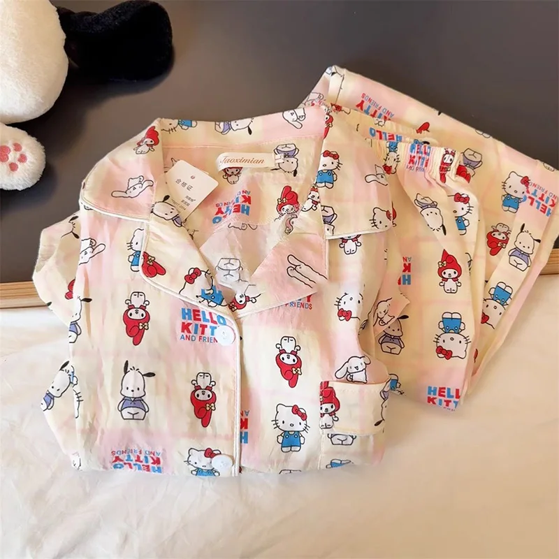 Cartoon Hello Kitty Long Sleeved Pajamas Cute Japan Sweet KT Cat Grid Long Sleeved Pants Student Home Pajamas Suit Kawaii Anime