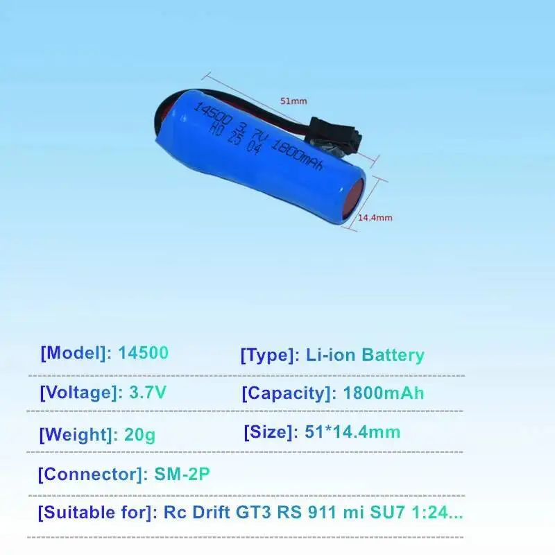 For Rc Drift GT3 RS 911 High Speed Car 14500 3.7V 1800MAH Li-ion Battery 2.4G Model RC Car For mi SU7 1:24 Racing /RC AA Battery