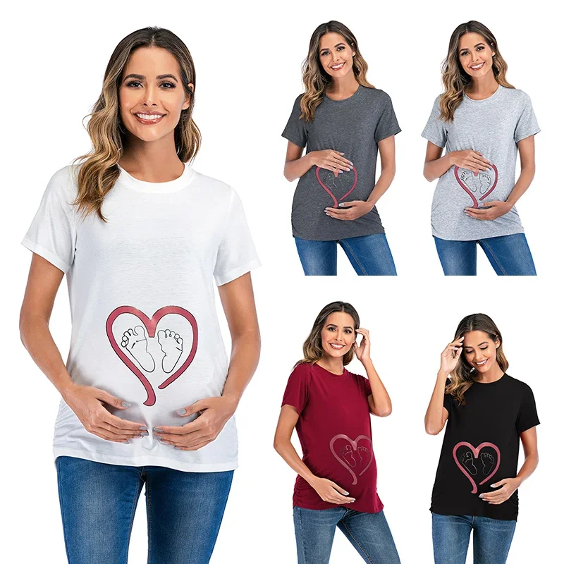 2024 New Maternity T-shirt  Clothing Breastfeeding Clothes Love Footprints Printing Pregnant Casual Tops Cotton Tees