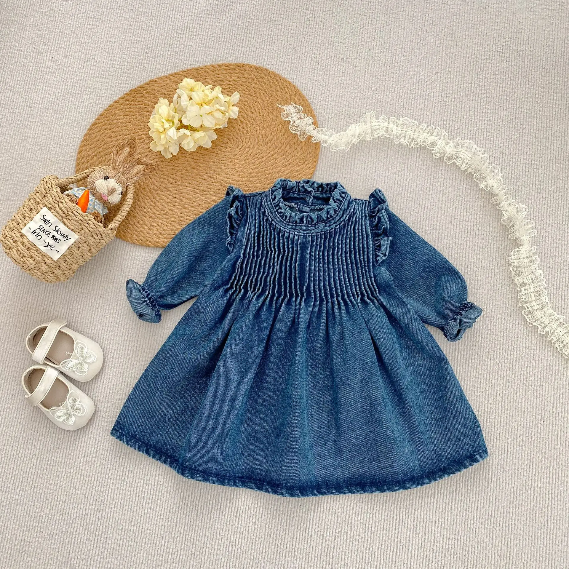 Girls' Denim Skirt Autumn 2026 Baby Girls' Triangle Crawling Clothes Long Sleeve Lace Denim Clothes Sisters
