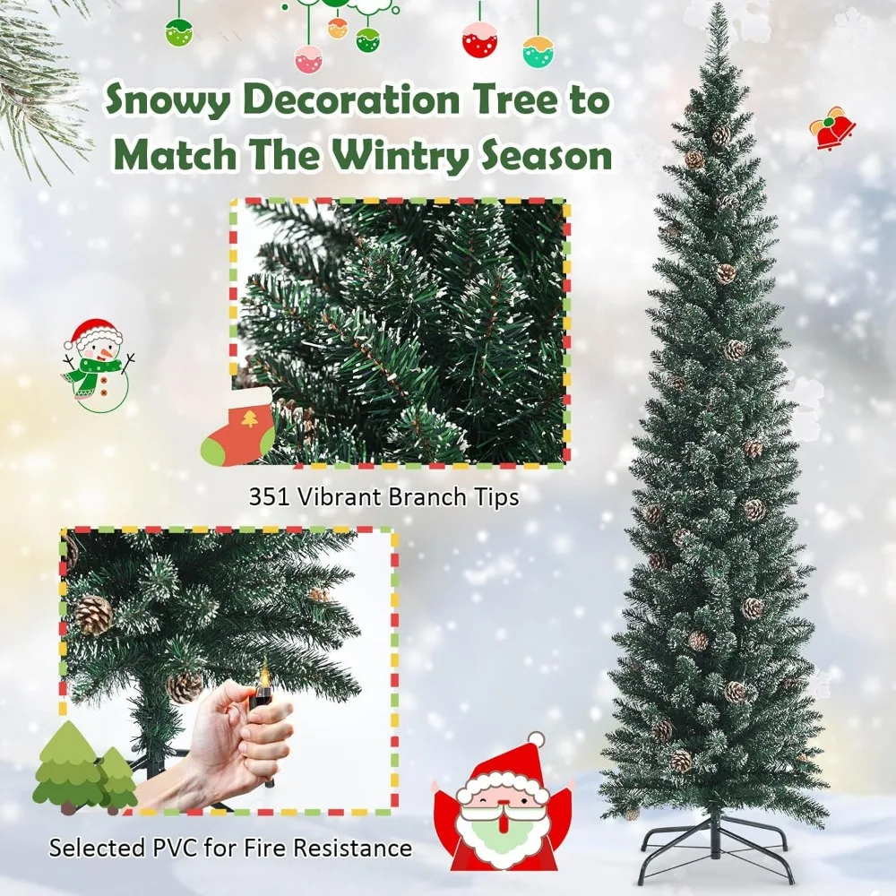 شجرة عيد الميلاد الاصطناعية رفيعة بطول 7 أقدام مع 351 أطراف فرعية و41 مخروطًا من الصنوبر، ديكور احتفالي ثلجي للاحتفال بالعطلات #3