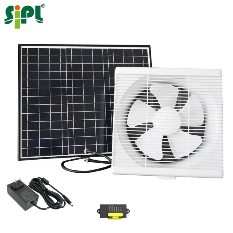10'' Axial Flow Air Ventilation Fan Attic Louver Vent Tools Solar Panel Grid Electricity Dual Powered 30W HVAC Wall Exhaust Fan