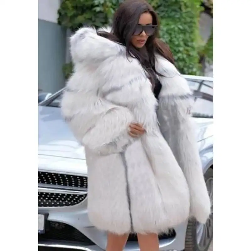 

Solid Faux Fur Hooded Women's Coat Luxury Gradient Long Fluffy Fur Jacket Coat Winter Thicken Outerwear High Street