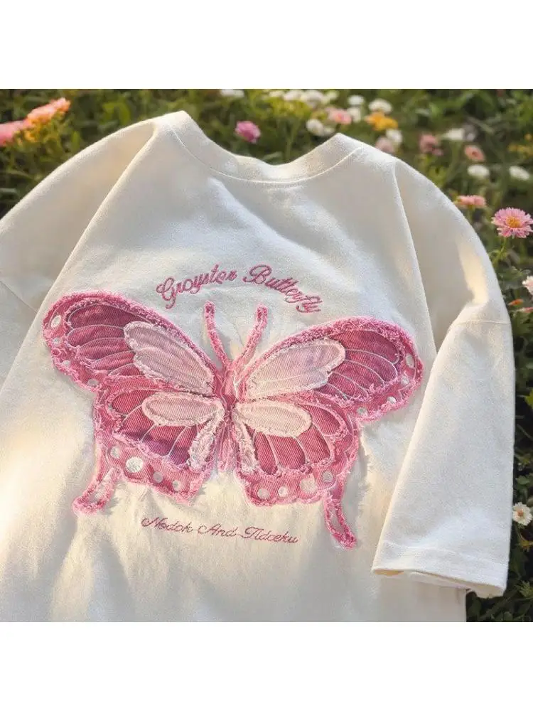 

Американская футболка с вышивкой, свободного кроя, с коротким рукавом, женская, больших размеров, повседневный дизайн, летний топ для пар