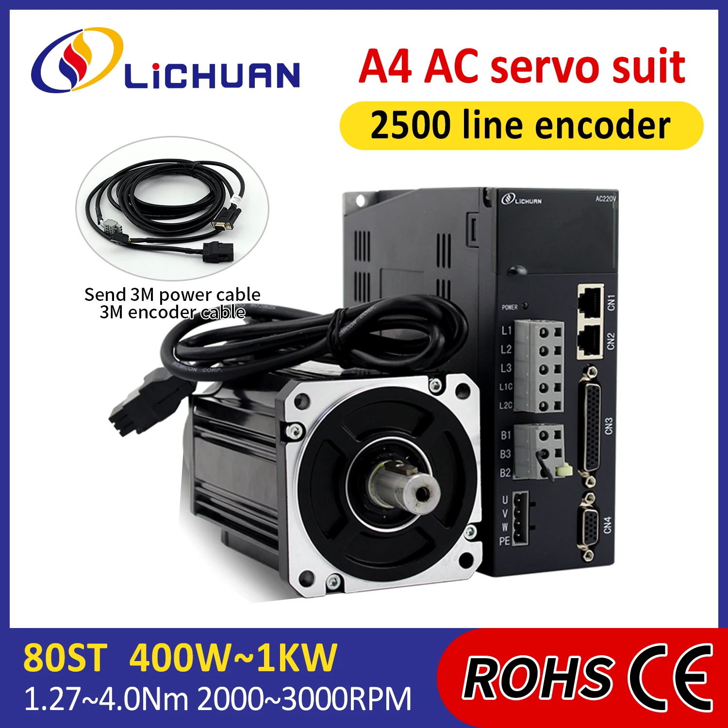 Lichuan A4 220V 2/3/4.4A 2000/2500/3000rpm Servo Motor Controller 1.27/2.39/3.5/4.0N.m 400/750/1000W AC Servo Motor Drivers Kit