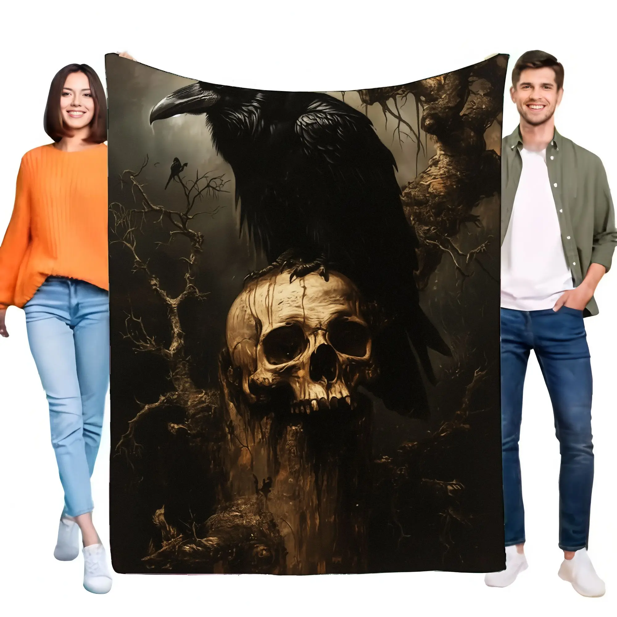 بطانية Dark Skull and Raven من الصوف الناعم، ديكور منزلي مريح بطابع إيري، مثالي للموسم المخيف، خفيف الوزن ودافئ، لكل