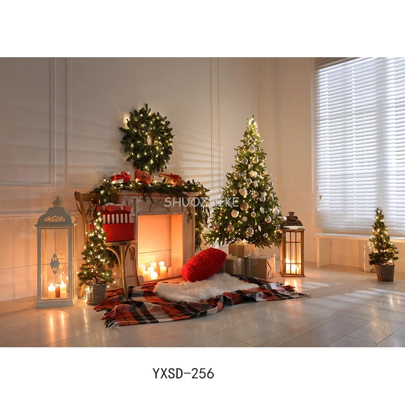 SHUOZHIKE عيد الميلاد موضوع داخلي التصوير خلفية شجرة عيد الميلاد الموقد الأطفال صورة لخلفيات الصور YXSD-08
