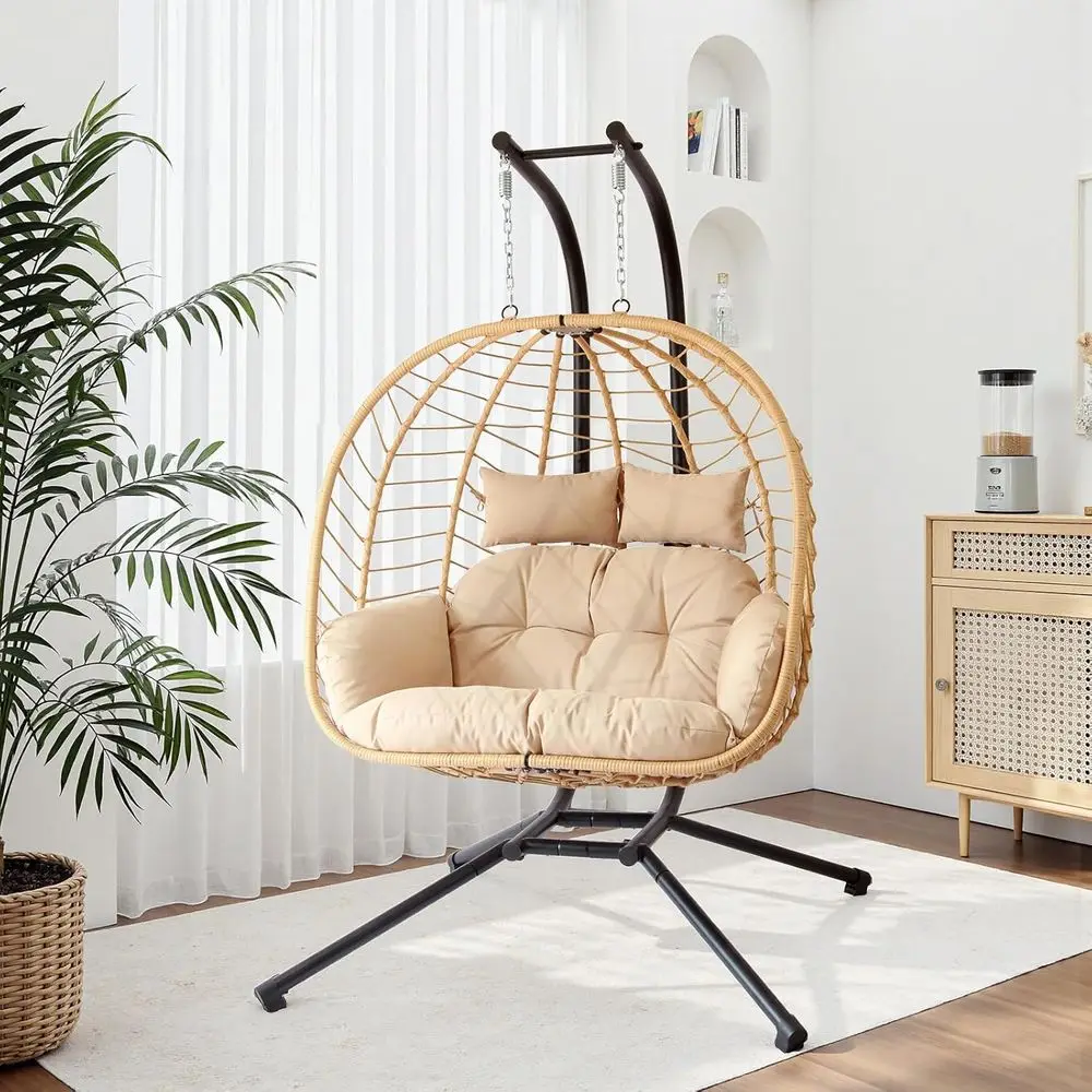 

Patio Wicker Hanging Swing Egg Chair with Stand, Thickened Steel Frame, UV-Resistant Cushion, Suitable for Indoor and Outdoor Us