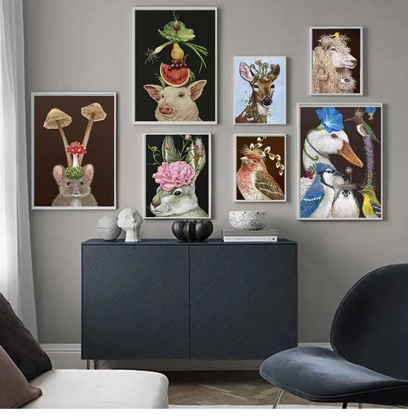 (No frame)Pintura en lienzo de conejo, pájaro, pato y oveja, imágenes artísticas de pared, póster de animales, dibujo impreso