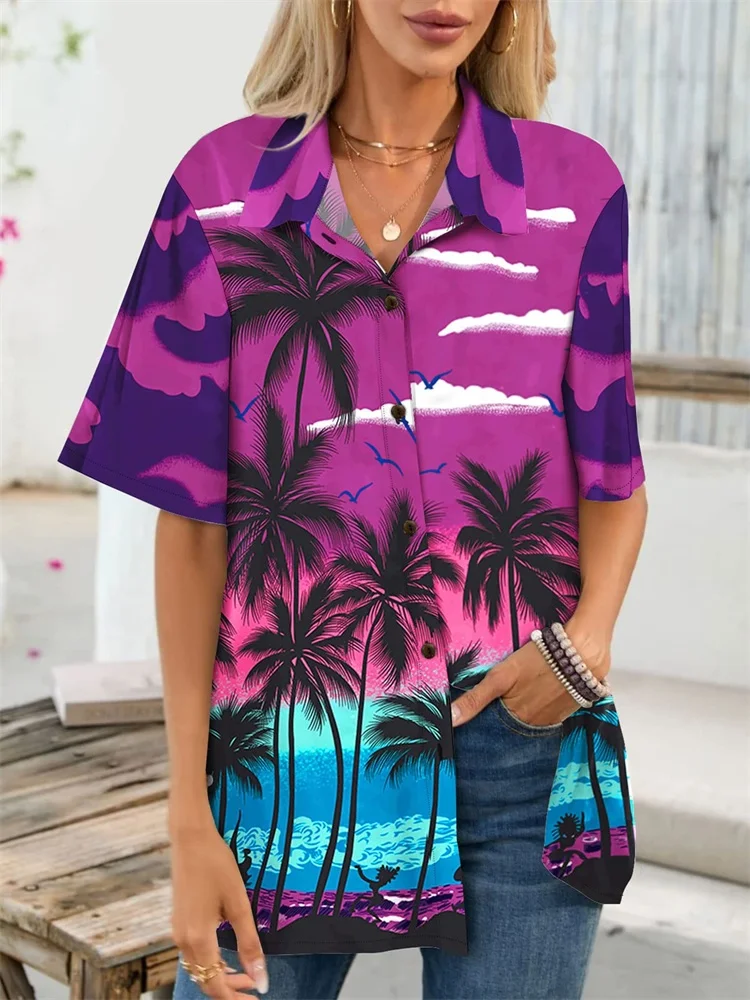 

2025 Summer Women's Short-sleeved Shirt Hawaiian Style Beach Wave Palm Tree Print Summer Vacation Fashion And Casual