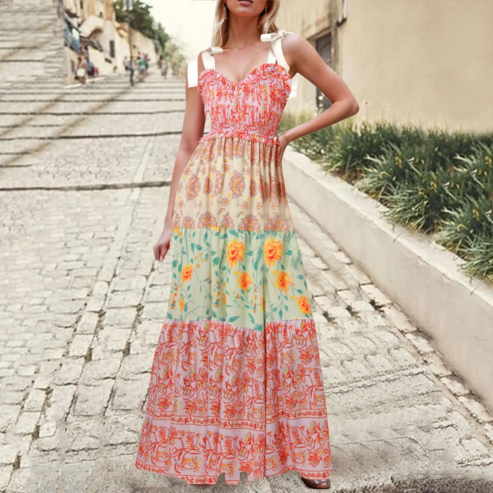 Women Summer Dresses Flowy Smocked Floral Maxi Dress Casual Sleeveless Tie Shoulder Boho Dresses Beach Sundresses 2024