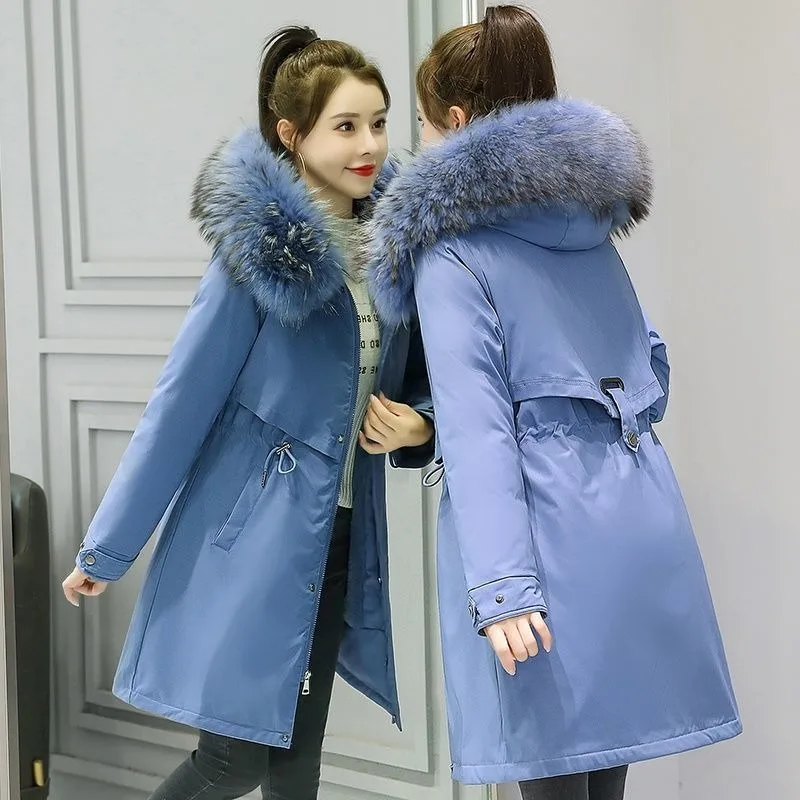 

2025 зимняя женская утепленная флисовая парка средней длины, пальто с хлопковой подкладкой и капюшоном, большой меховой воротник