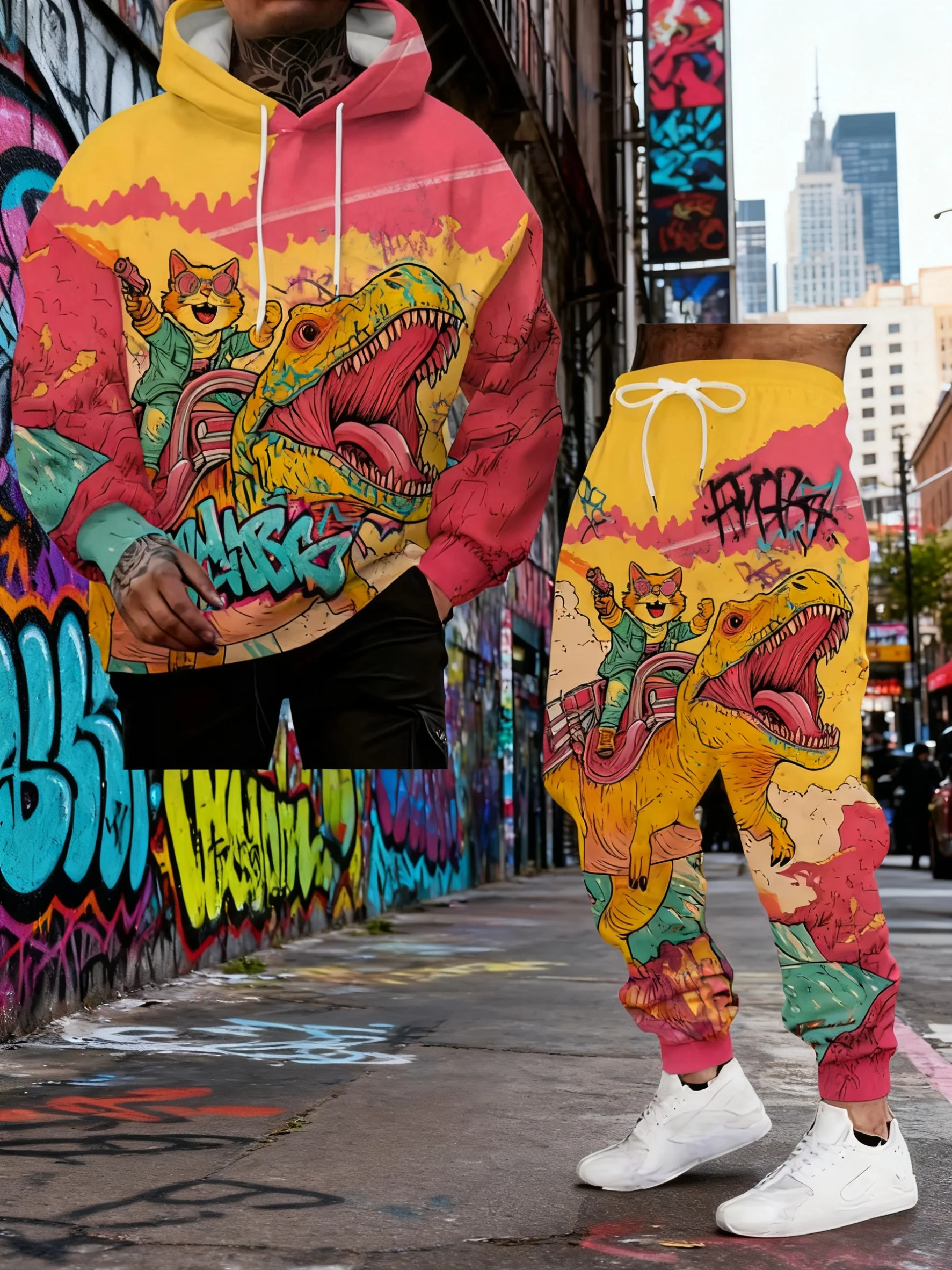 Popular Cartoon Cat Dinosaur 3d Print Hoodie 2pcs set Men Women Fashion Tracksuit Casual Autumn Clothes Y2k Hoodie jogging Set﻿﻿