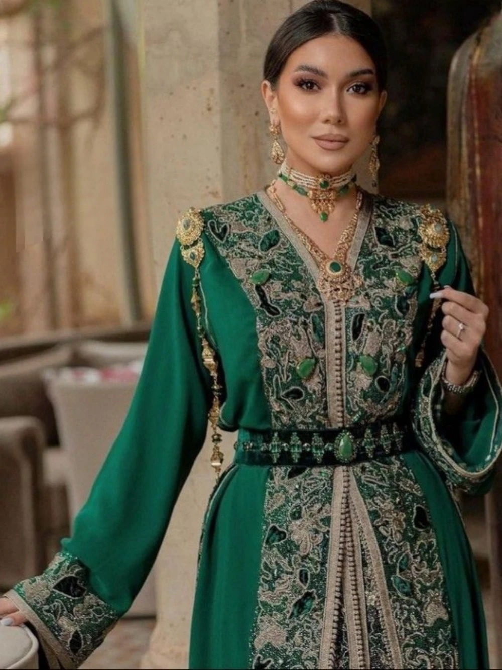 Robe de Soirée Verte à Col en V et Manches sulf, Caftan Personnalisé, Longueur au Sol, Style Marocain, pour Patients