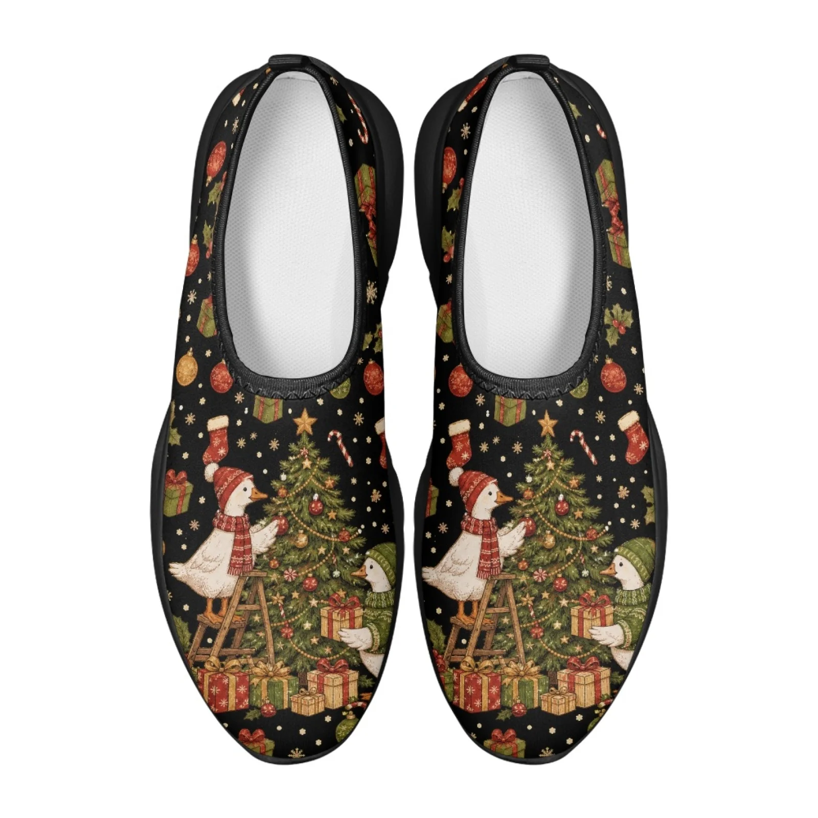 PENSTROLL Christmas Walking Shoes Featuring Festive Goose Print, Mesh Low Top Casual Sneakers for Men, Running and Party Wear