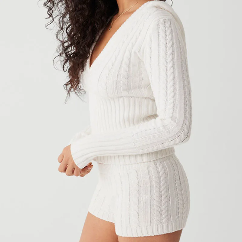 Apprabant Knitted Screw Thread Shorts Set Hooded Long Sleeve Slim Fit Open Navel Pullover Top High Waist Simple Casual Suit