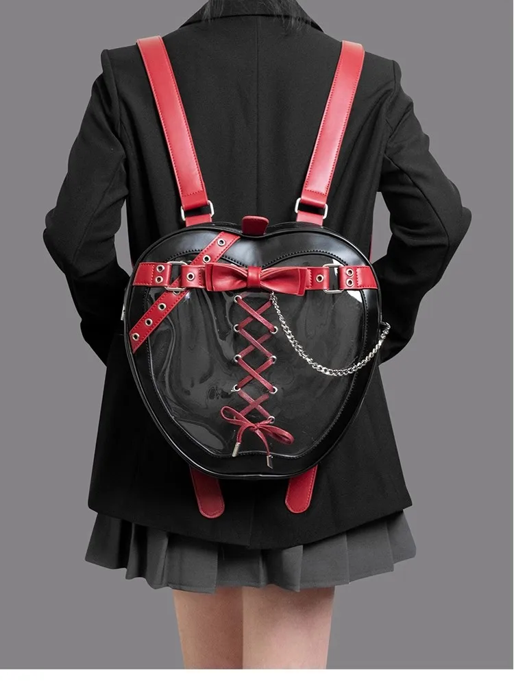 Animation Y2K Girls Dark Style Belt Chain Apple Shoulder Pain Bag Anim Personalized Gothic Tie Bow Backpack Punk Adult Schoolbag