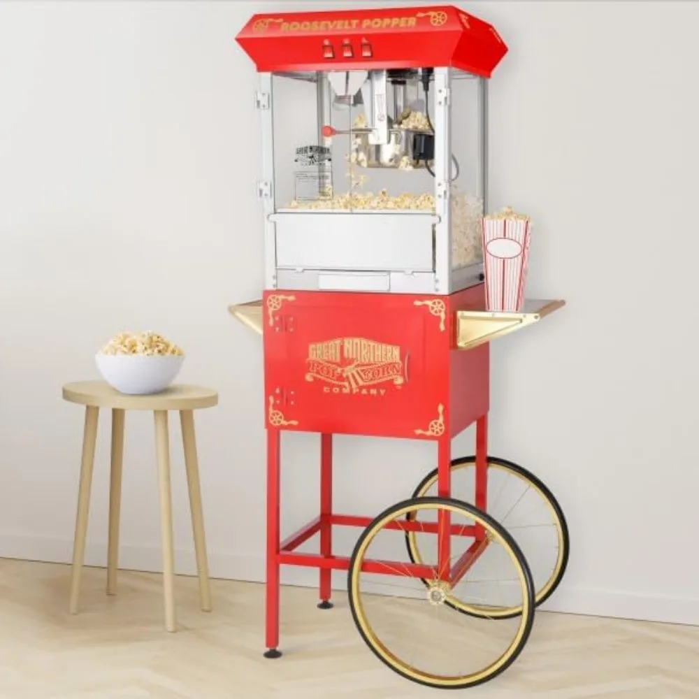 Popcorn Machine with Cart – 8oz Popper with Stainless-steel Kettle, Heated Warming Deck, and Old Maids Drawer