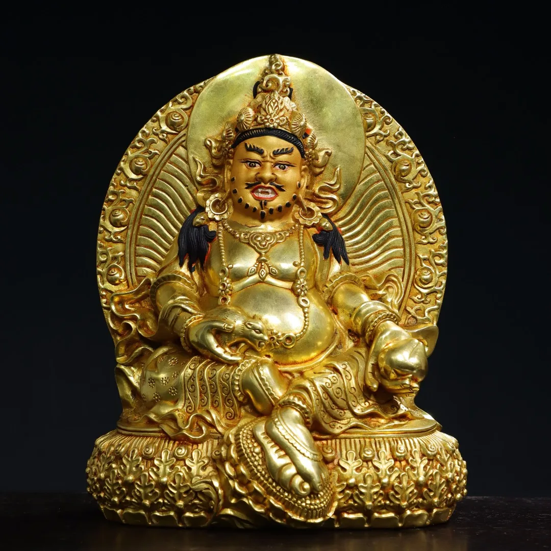 

8"Tibetan Temple Collection Old Bronze Gilded Face Painting Yellow Jambhala Backlight Sitting Buddha Worship Hall Town house