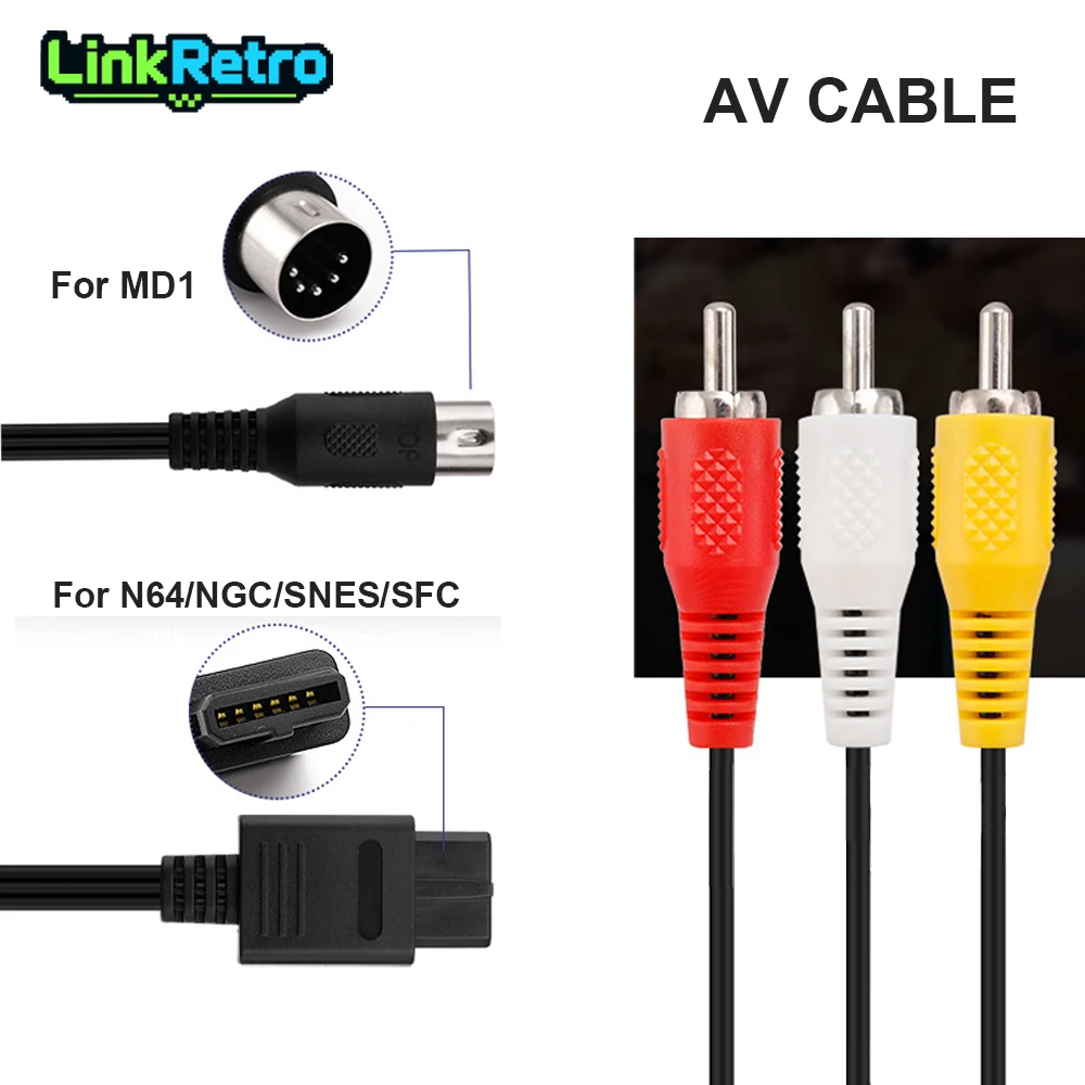 LinkRetro Black AV Composite Cable Audio Video RCA Game Cable for N64 SNES NGC SFC MD1 Game Console